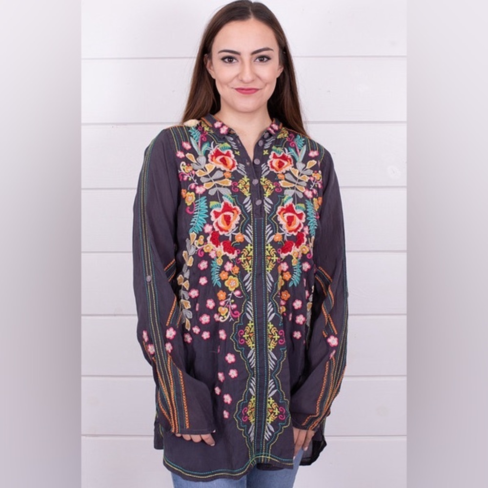 Johnny Was / Lindsey Tunic Top Graphite Embroidered Long Sleeve Medium M